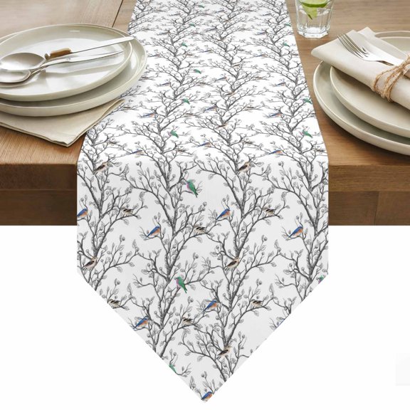 Table Runner 13x36 Inches Long Bird Tree Branches Runner for Table Retro Leaves Table Runners Cotton Linen Dresser Scarf for Kitchen Holiday Party Home Decor Inndoor Outdoor