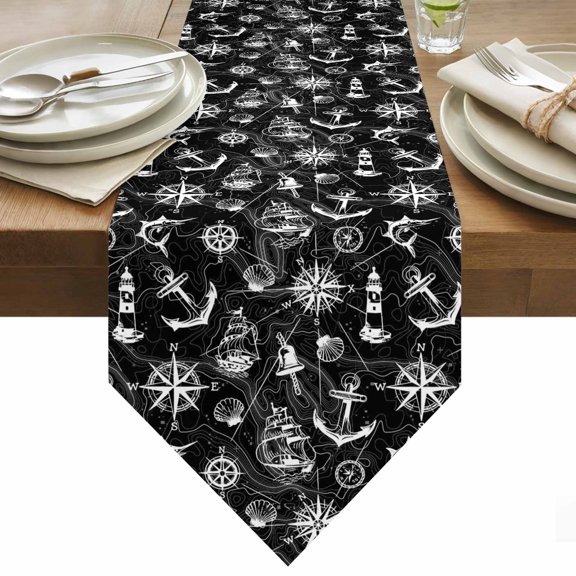 Table Runner 13x36 Inches Long Black Anchor Sailboat Runner for Table Nautical Ocean Compass Map Table Runners Cotton Linen Dresser Scarf for Kitchen Holiday Party Home Decor Inndoor Outdoor