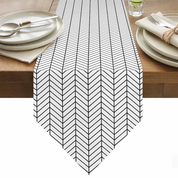 Table Runner 13x36 Inches Long Black White Chevron Stripes Runner for Table Modern Geometric Texture Table Runners Cotton Linen Dresser Scarf for Kitchen Holiday Party Home Decor Inndoor Outdoor