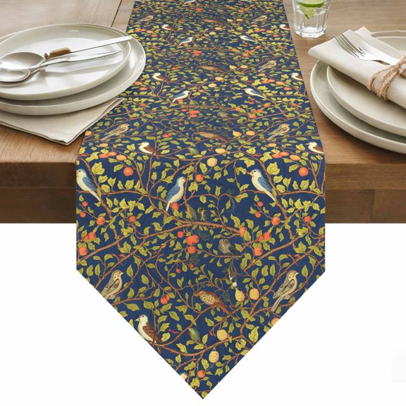 Table Runner 13x36 Inches Long Blue Bird Runner for Table Berry Tree Branch Plant Table Runners Cotton Linen Dresser Scarf for Kitchen Holiday Party Home Decor Inndoor Outdoor