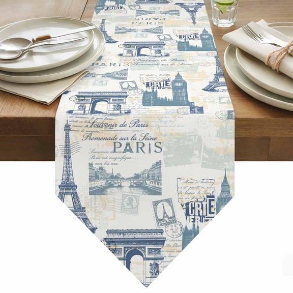 Table Runner 13x36 Inches Long Blue Eiffel Tower Runner for Table France Paris Travel Landscape Table Runners Cotton Linen Dresser Scarf for Kitchen Holiday Party Home Decor Inndoor Outdoor