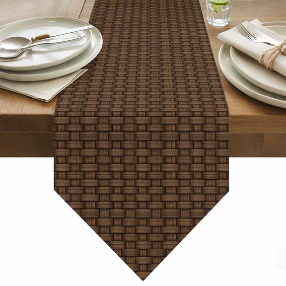 Table Runner 13x36 Inches Long Brown Rattan Runner for Table Retro Striped Lines Table Runners Cotton Linen Dresser Scarf for Kitchen Holiday Party Home Decor Inndoor Outdoor