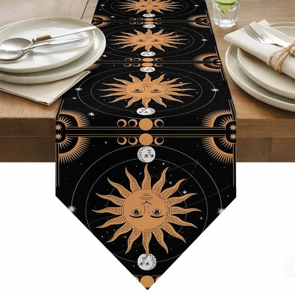 Table Runner 13x36 Inches Long Celestial Sun and Moon Runner for Table Black Sky Gold Star Boho Table Runners Cotton Linen Dresser Scarf for Kitchen Holiday Party Home Decor Inndoor Outdoor