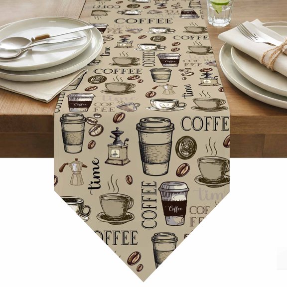 Table Runner 13x36 Inches Long Coffee Beans Runner for Table Khaki Coffee Cups Table Runners Cotton Linen Dresser Scarf for Kitchen Holiday Party Home Decor Inndoor Outdoor