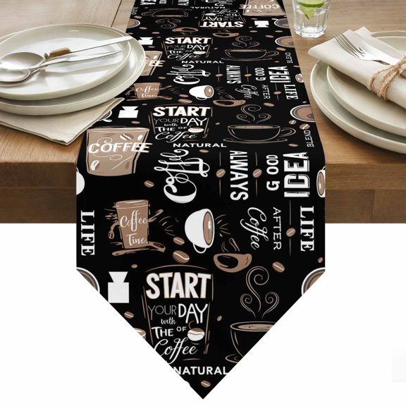 Table Runner 13x36 Inches Long Coffee Cup Runner for Table Black Coffee Beans Day Table Runners Cotton Linen Dresser Scarf for Kitchen Holiday Party Home Decor Inndoor Outdoor