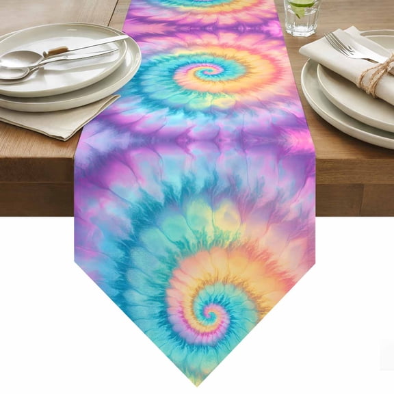 Table Runner 13x36 Inches Long Colorful Tie Dye Runner for Table Boho Tribal Style Table Runners Cotton Linen Dresser Scarf for Kitchen Holiday Party Home Decor Inndoor Outdoor