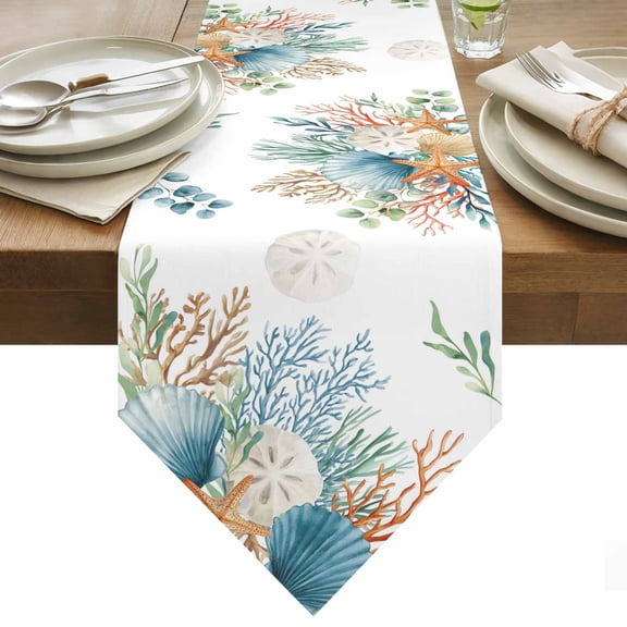 Table Runner 13x36 Inches Long Coral Seagrass Runner for Table Eucalyptus Leaves Starfish Shell Table Runners Cotton Linen Dresser Scarf for Kitchen Holiday Party Home Decor Inndoor Outdoor