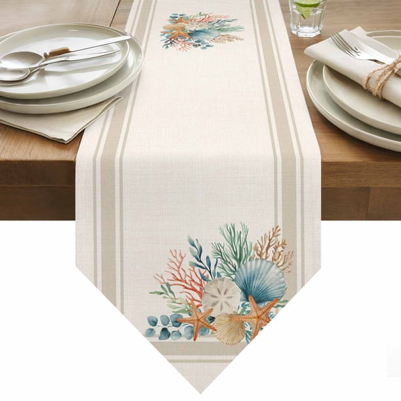 Table Runner 13x36 Inches Long Coral Seagrass Runner for Table Eucalyptus Starfish Shell Stripes Linen Table Runners Cotton Linen Dresser Scarf for Kitchen Holiday Party Home Decor Inndoor Outdoor