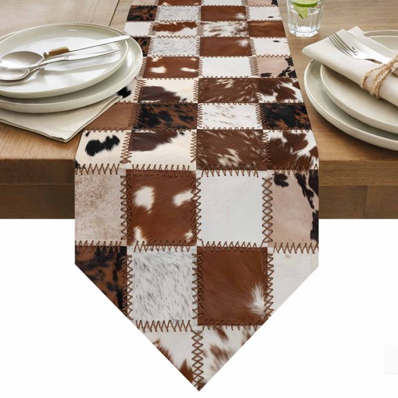 Table Runner 13x36 Inches Long Cow Animal Fur Skin Runner for Table Western Cowboy Table Runners Cotton Linen Dresser Scarf for Kitchen Holiday Party Home Decor Inndoor Outdoor