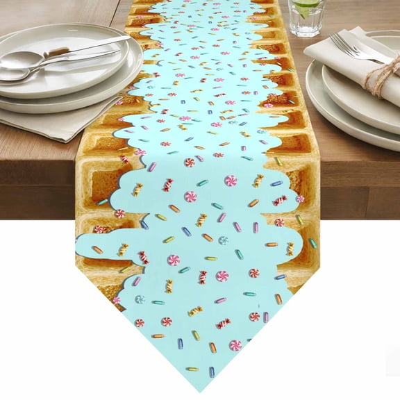Table Runner 13x36 Inches Long Creamy Sugar Waffles Runner for Table Blue Delicious Desert Table Runners Cotton Linen Dresser Scarf for Kitchen Holiday Party Home Decor Inndoor Outdoor