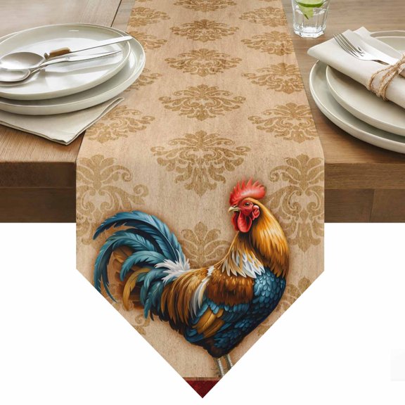 Table Runner 13x36 Inches Long Farmhouse Chicken Rooster Cock Runner for Table Vintage Farm Animal Table Runners Cotton Linen Dresser Scarf for Kitchen Holiday Party Home Decor Inndoor Outdoor