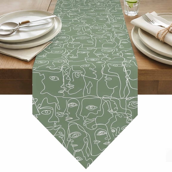 Table Runner 13x36 Inches Long Feminine Face Sketch Runner for Table Sage Green Shape Lines Table Runners Cotton Linen Dresser Scarf for Kitchen Holiday Party Home Decor Inndoor Outdoor