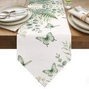 Table Runner 13x36 Inches Long Floral Butterfly Runner for Table Green Ferns Eucalyptus Leaves Table Runners Cotton Linen Dresser Scarf for Kitchen Holiday Party Home Decor Inndoor Outdoor