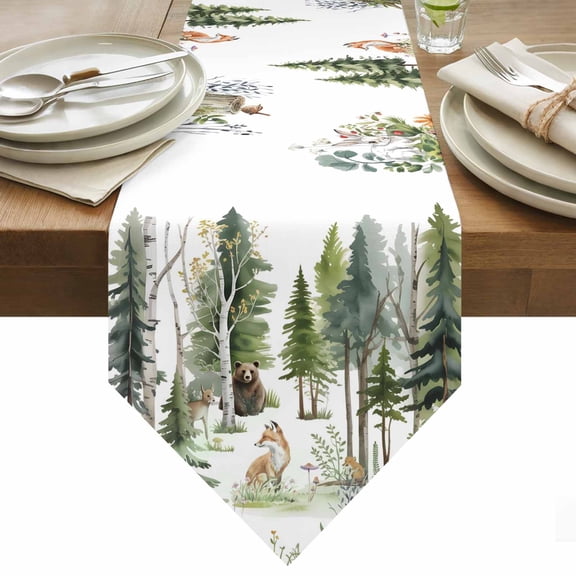 Table Runner 13x36 Inches Long Forest Animal Runner for Table Woodland Bear Fox Deer Bird Table Runners Cotton Linen Dresser Scarf for Kitchen Holiday Party Home Decor Inndoor Outdoor