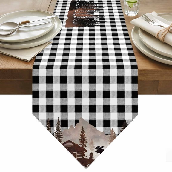 Table Runner 13x36 Inches Long Forest Moose Runner for Table Cabin Animal Pine Tree Woodland Plaid Table Runners Cotton Linen Dresser Scarf for Kitchen Holiday Party Home Decor Inndoor Outdoor