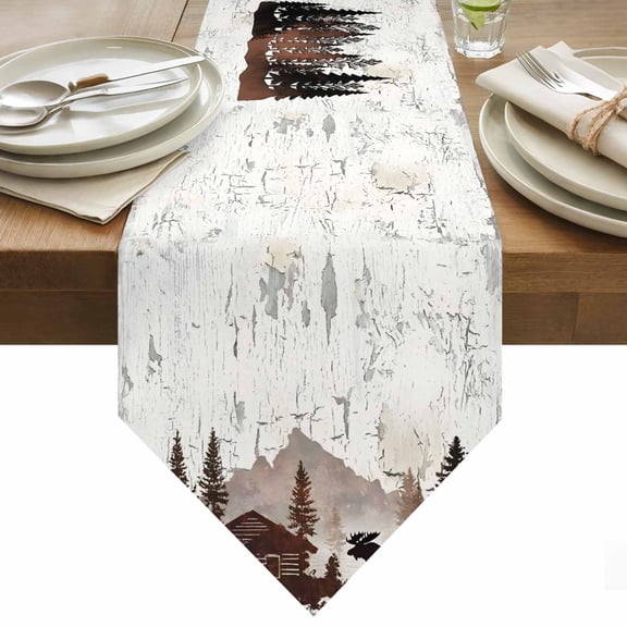 Table Runner 13x36 Inches Long Forest Moose Runner for Table Log Cabin Animal Pine Tree Woodland Table Runners Cotton Linen Dresser Scarf for Kitchen Holiday Party Home Decor Inndoor Outdoor