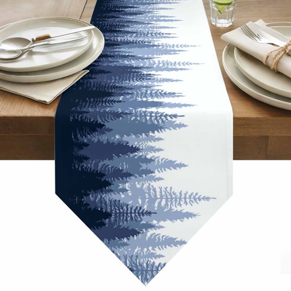 Table Runner 13x36 Inches Long Forest Tree Runner for Table Misty Forest Silhouette Nature Ombre Table Runners Cotton Linen Dresser Scarf for Kitchen Holiday Party Home Decor Inndoor Outdoor