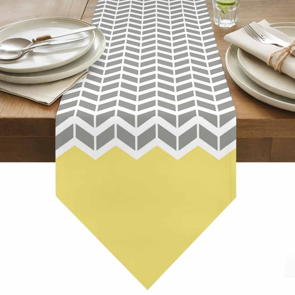 Table Runner 13x36 Inches Long Geometric Chevron Yellow Runner for Table White and Gray Stripes Table Runners Cotton Linen Dresser Scarf for Kitchen Holiday Party Home Decor Inndoor Outdoor