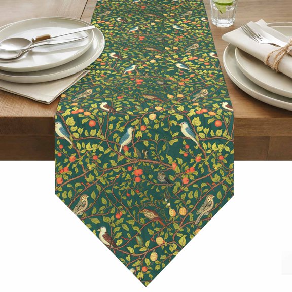 Table Runner 13x36 Inches Long Green Bird Runner for Table Berry Tree Branch Plant Table Runners Cotton Linen Dresser Scarf for Kitchen Holiday Party Home Decor Inndoor Outdoor