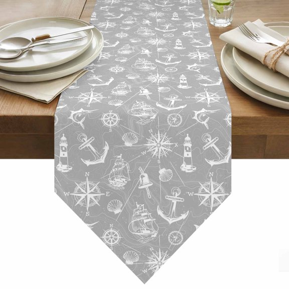 Table Runner 13x36 Inches Long Grey Anchor Sailboat Runner for Table Nautical Ocean Compass Map Table Runners Cotton Linen Dresser Scarf for Kitchen Holiday Party Home Decor Inndoor Outdoor