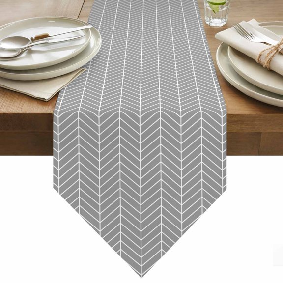 Table Runner 13x36 Inches Long Grey Chevron Stripes Runner for Table Modern Geometric Texture Table Runners Cotton Linen Dresser Scarf for Kitchen Holiday Party Home Decor Inndoor Outdoor