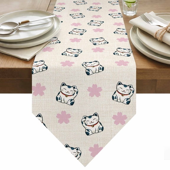 Table Runner 13x36 Inches Long Lucky Cat Runner for Table Cherry Blossoms Japanese Style Linen Table Runners Cotton Linen Dresser Scarf for Kitchen Holiday Party Home Decor Inndoor Outdoor