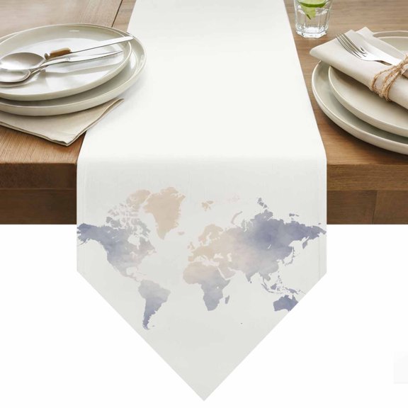 Table Runner 13x36 Inches Long Maps Of The World Runner for Table Earth Tourism Table Runners Cotton Linen Dresser Scarf for Kitchen Holiday Party Home Decor Inndoor Outdoor
