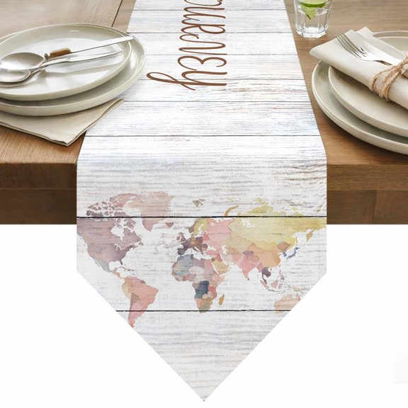 Table Runner 13x36 Inches Long Maps Of The World Runner for Table Earth Tourism Wood Grain Table Runners Cotton Linen Dresser Scarf for Kitchen Holiday Party Home Decor Inndoor Outdoor