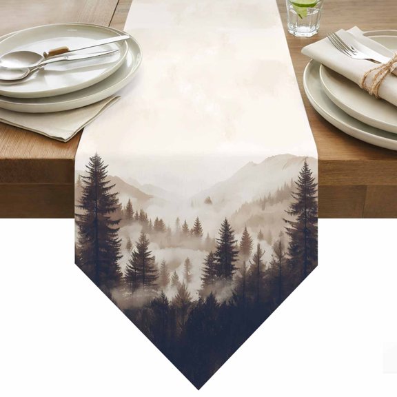 Table Runner 13x36 Inches Long Mountain Forest Runner for Table Tree Nature Woods Table Runners Cotton Linen Dresser Scarf for Kitchen Holiday Party Home Decor Inndoor Outdoor