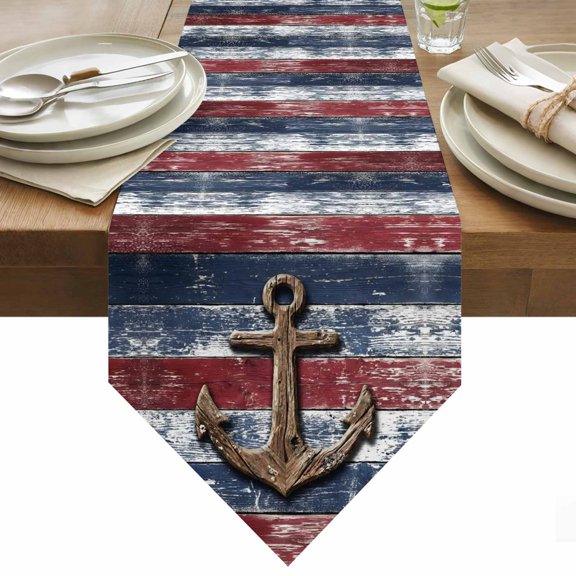 Table Runner 13x36 Inches Long Nautical Anchor Runner for Table Red Blue Rustic Wood Grain Table Runners Cotton Linen Dresser Scarf for Kitchen Holiday Party Home Decor Inndoor Outdoor