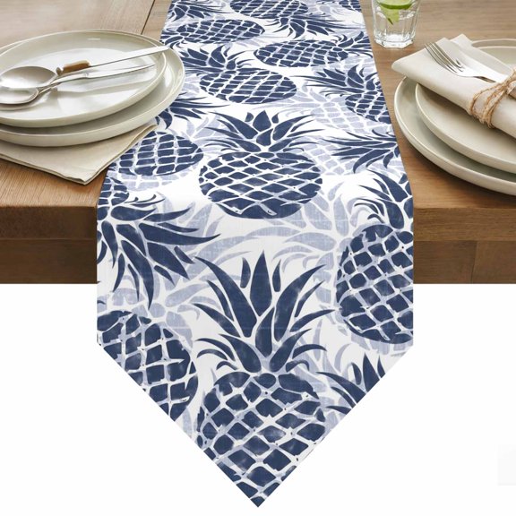 Table Runner 13x36 Inches Long Navy Blue Pineapple Runner for Table Summer Tropical Fruit Leaves Table Runners Cotton Linen Dresser Scarf for Kitchen Holiday Party Home Decor Inndoor Outdoor
