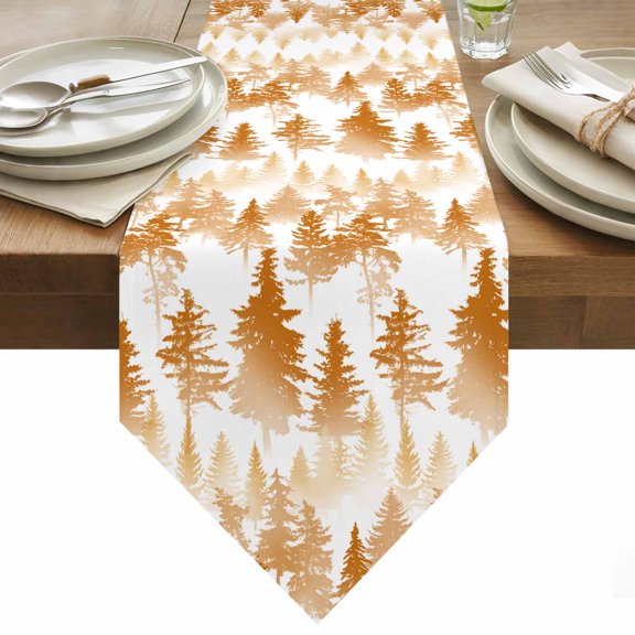 Table Runner 13x36 Inches Long Pine Tree Runner for Table Nature Foggy Forest Orange Ombre Table Runners Cotton Linen Dresser Scarf for Kitchen Holiday Party Home Decor Inndoor Outdoor