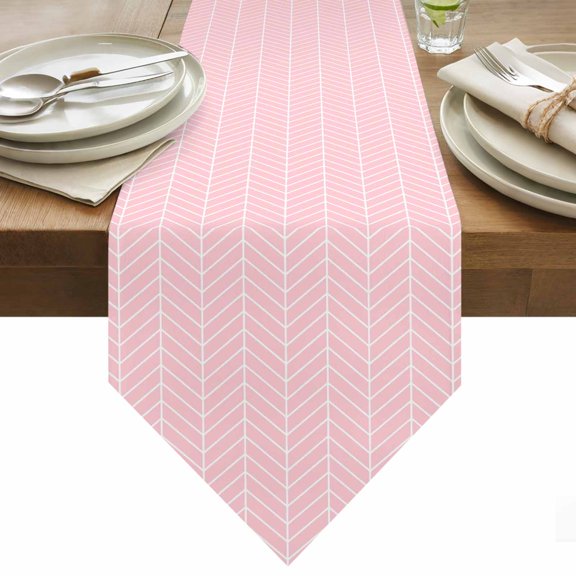 Table Runner 13x36 Inches Long Pink Chevron Stripes Runner for Table Modern Geometric Texture Table Runners Cotton Linen Dresser Scarf for Kitchen Holiday Party Home Decor Inndoor Outdoor