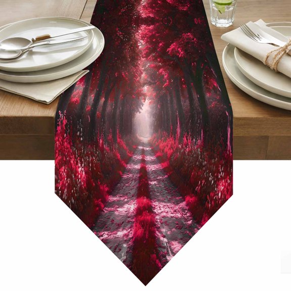 Table Runner 13x36 Inches Long Red Forest Runner for Table Nature Tree Woods Table Runners Cotton Linen Dresser Scarf for Kitchen Holiday Party Home Decor Inndoor Outdoor