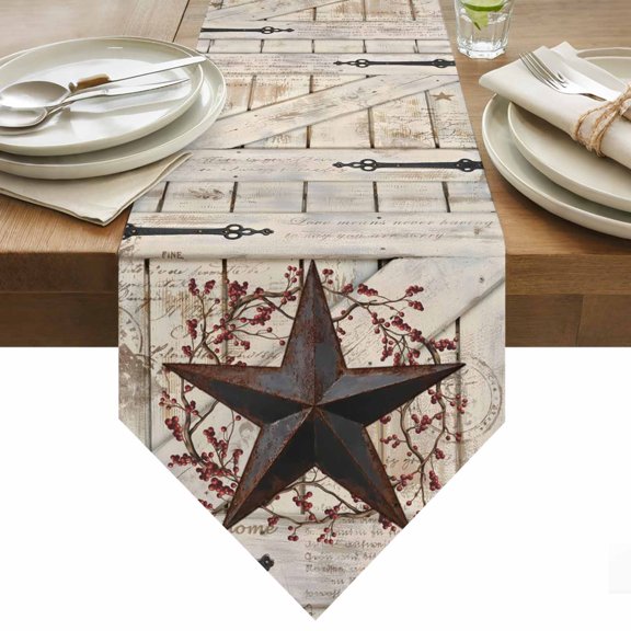 Table Runner 13x36 Inches Long Rusty Barn Star Doors Runner for Table Berry Retro Rustic Walls Table Runners Cotton Linen Dresser Scarf for Kitchen Holiday Party Home Decor Inndoor Outdoor