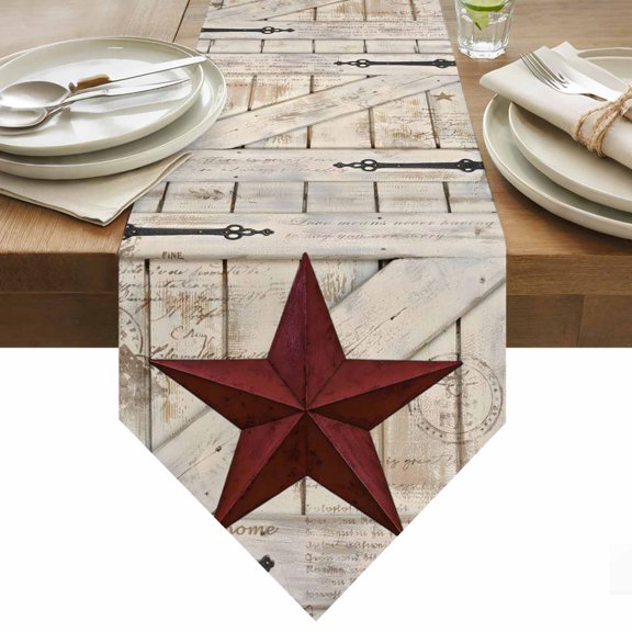 Table Runner 13x36 Inches Long Rusty Barn Star Doors Runner for Table Red Retro Rustic Walls Table Runners Cotton Linen Dresser Scarf for Kitchen Holiday Party Home Decor Inndoor Outdoor