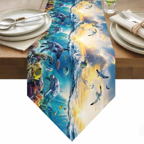 Table Runner 13x36 Inches Long Shark Seagull Runner for Table Coral Fish Ocean Marine Life Table Runners Cotton Linen Dresser Scarf for Kitchen Holiday Party Home Decor Inndoor Outdoor
