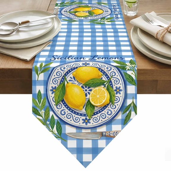 Table Runner 13x36 Inches Long Sicilian Lemon Runner for Table Summer Fruit Plate Blue Plaid Table Runners Cotton Linen Dresser Scarf for Kitchen Holiday Party Home Decor Inndoor Outdoor