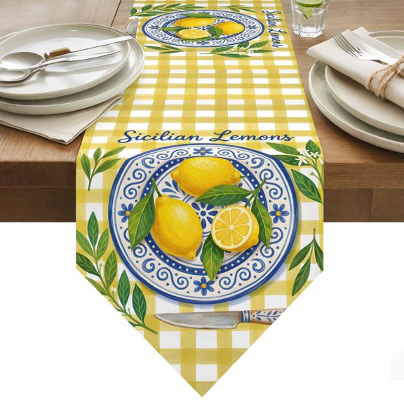 Table Runner 13x36 Inches Long Sicilian Lemon Runner for Table Summer Fruit Plate Yellow Plaid Table Runners Cotton Linen Dresser Scarf for Kitchen Holiday Party Home Decor Inndoor Outdoor