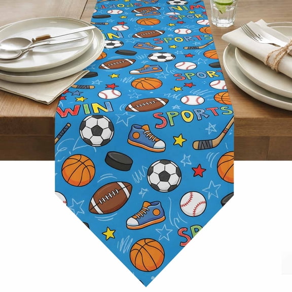 Table Runner 13x36 Inches Long Sports Balls Runner for Table Basketball Soccer Baseball Rugby Ice Hockey Table Runners Cotton Linen Dresser Scarf for Kitchen Holiday Party Home Decor Inndoor Outdoor