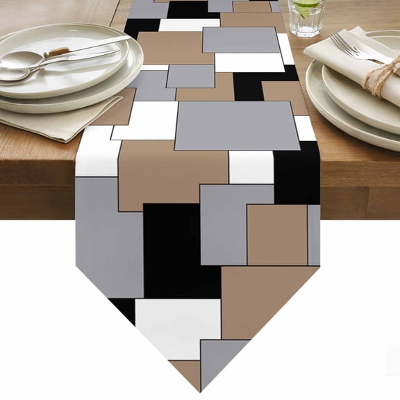 Table Runner 13x36 Inches Long Square Abstract Runner for Table Black Grey White Table Runners Cotton Linen Dresser Scarf for Kitchen Holiday Party Home Decor Inndoor Outdoor
