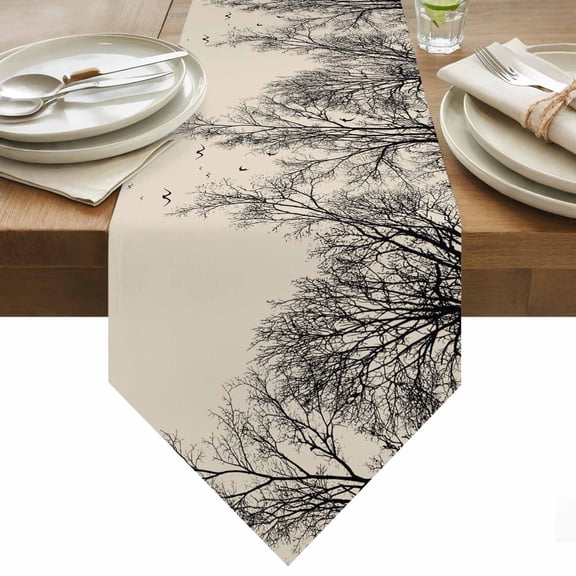 Table Runner 13x36 Inches Long Tree Branches Bird Runner for Table Black Twigs Deadwood Linen Table Runners Cotton Linen Dresser Scarf for Kitchen Holiday Party Home Decor Inndoor Outdoor