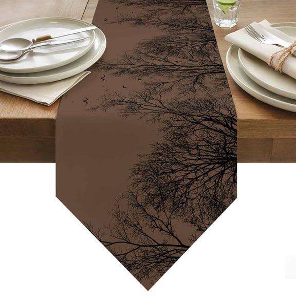 Table Runner 13x36 Inches Long Tree Branches Bird Runner for Table Brown Black Twigs Deadwood Table Runners Cotton Linen Dresser Scarf for Kitchen Holiday Party Home Decor Inndoor Outdoor