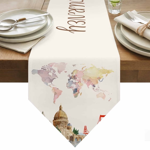 Table Runner 13x36 Inches Long World Map Runner for Table Famous Building Tourism Bridge Table Runners Cotton Linen Dresser Scarf for Kitchen Holiday Party Home Decor Inndoor Outdoor