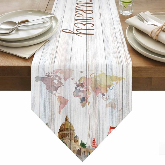 Table Runner 13x36 Inches Long World Map Runner for Table Famous Building Tourism Bridge Wood Grain Table Runners Cotton Linen Dresser Scarf for Kitchen Holiday Party Home Decor Inndoor Outdoor