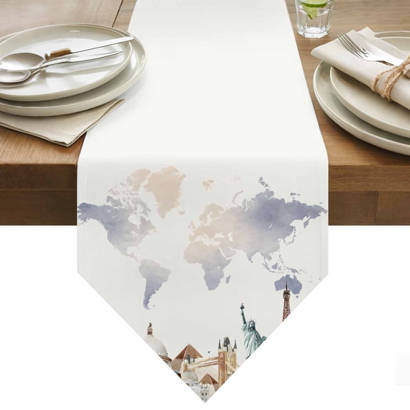 Table Runner 13x36 Inches Long World Map Runner for Table Famous Building Tourism Landscape Table Runners Cotton Linen Dresser Scarf for Kitchen Holiday Party Home Decor Inndoor Outdoor