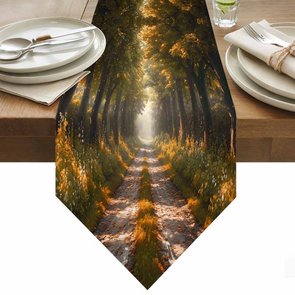 Table Runner 13x36 Inches Long Yellow Forest Runner for Table Nature Tree Woods Table Runners Cotton Linen Dresser Scarf for Kitchen Holiday Party Home Decor Inndoor Outdoor