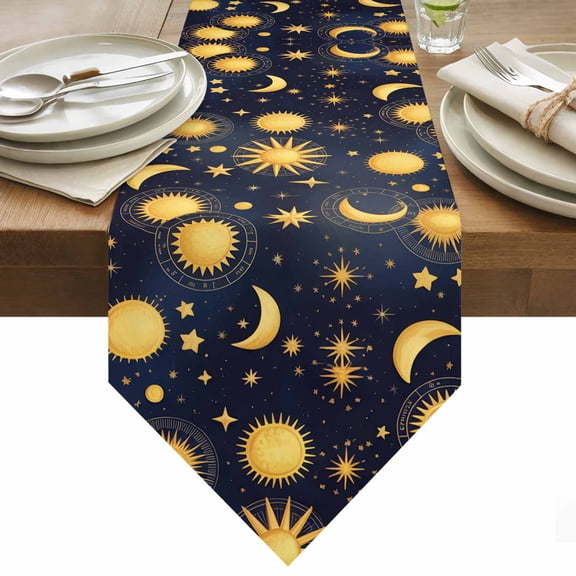 Table Runner 13x36 Inches Long Yellow Star Moon Runner for Table Fantasy Galaxy Starry Night Table Runners Cotton Linen Dresser Scarf for Kitchen Holiday Party Home Decor Inndoor Outdoor