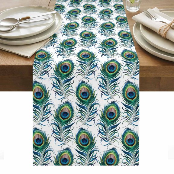 Table Runner 13x36in Inches Long, Abstract Peacock Feathers Linen Washable Dresser Scarf Bohemian Green Bird Kitchen Dinning Tablerunners for Holiday/Party/Wedding/Home Tables Decor
