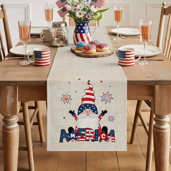 Table Runner 13x36in Inches Long, American Independence Day Funny Dwarfs Linen Washable Dresser Scarf Retro Linen Texture Kitchen Dinning Tablerunners for Holiday/Party/Wedding/Home Tables Decor